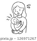 泣く赤ちゃんを抱っこする母親の線画イラスト 126971267