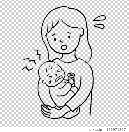 一位母親抱著哭泣的嬰兒的線條畫插圖 126971267