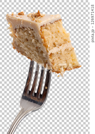 Slice of cake on fork isolated on transparent background, delicious dessert, sweet treat, food close-up Slice of cake on fork isolated on transparent background, delicious dessert, sweet treat, food close-up 126971418