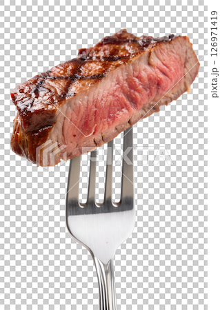 Juicy grilled steak on fork isolated on transparent background, close-up of tender meat, perfect for food ads, recipes, or menus, high-protein meal concept 126971419