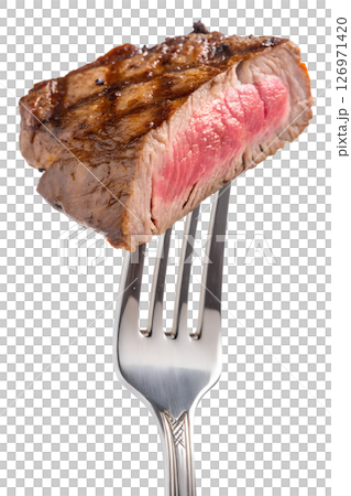 Juicy grilled steak on fork isolated on transparent background, close-up of tender meat, perfect for food ads, recipes, or menus, high-protein meal concept 126971420