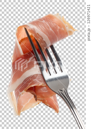 Prosciutto on fork isolated on transparent background, italian cured ham, thin slices, gourmet food, appetizer Prosciutto on fork isolated on transparent background, italian cured ham, thin slices, gourmet food, appetizer 126971421