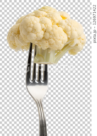 Cauliflower floret on fork ready to eat, isolated on transparent background, healthy vegan side dish, low-carb diet concept, vegetarian food promotion Cauliflower floret on fork ready to eat, isolated on transparent background, healthy vegan side dish, low-carb diet concept, vegetarian food promotion 126971422
