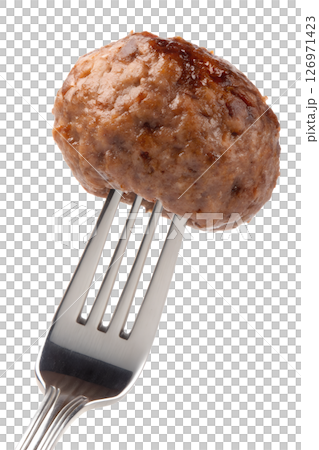 Meatball on fork isolated on transparent background, juicy and tender, italian cuisine, homemade food, close-up shot 126971423