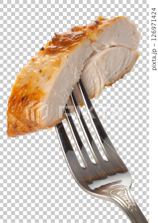 Close-up of roasted chicken breast on a fork, isolated on transparent background, healthy protein meal, perfect for fitness content, diet plans, or food packaging 126971424