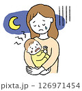 夜泣きする赤ちゃんを抱っこして疲れた表情の母親 126971454