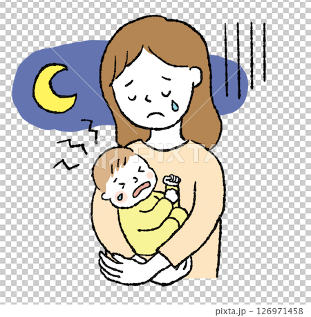 一位母親在夜裡抱著哭鬧的嬰兒，看起來很疲憊 126971458