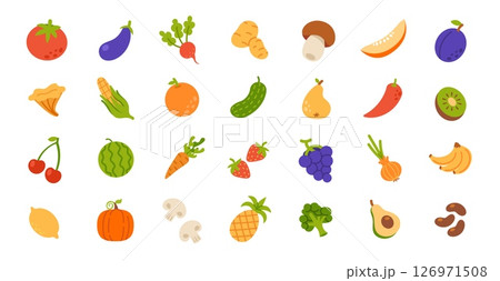 Fruit and vegetable. Cartoon plant food. Simple organic vegetarian products. Flat vegan tomato, broccoli, berries, mushrooms, orange. Natural healthy vegetable and fruits. Vector set 126971508