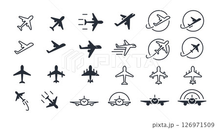 Plane icon. Airplane travel, aviation symbol. Travel, aviation, flight, logistics, tourism, air delivery service signs. Various silhouette planes flying logo. Transport icons vector set 126971509