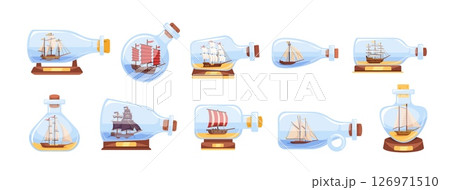 Ship in glass bottle. Nautical hobby miniature sailboat. Model old boat souvenir inside bottles. Maritime decorative collectible vessels. Sailing craft interior decor. Vector collection 126971510