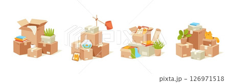 Moving boxes stack. Cardboard box with items. Relocation, packing, logistics, home organization, parcel packing. House move box piles package with stuff. Warehouse supplies. Vector set 126971518