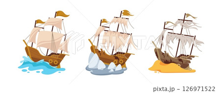 Broken ship. Damaged wooden sail boat. Cartoon abandoned sailing ships on water, on sand in various forms. Shipwreck vintage ship in ocean. Sailboat ragged sails. Vector illustration 126971522