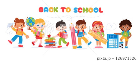 Back to school. Kids school banner. Playful background with happy children with backpacks, school supplies, books, globe, pencils. Educational learning programs, centers. Vector concept 126971526