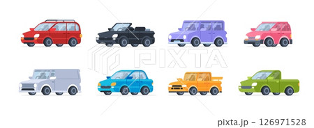 Cartoon cars. Passenger auto vehicles. Modern various transport, classic automobiles, compact hatchbacks, sedan, electric car, SUV, eco car. Car exterior. Car garage service. Vector set 126971528