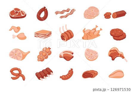 Cartoon meat. Kind meat products. Culinary, grocery raw pork, beef steaks, chicken, turkey, sausage, bacon, salami, ham, poultry, ribs. Barbecue cooking. Meat market vector set 126971530