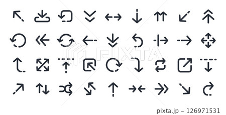 Linear arrow. Line minimalist arrows. Outline elements for UX UI interface, infographics. Arrow icon, direction symbols, Right, left, up, down, circular, rotation arrows. Vector set 126971531