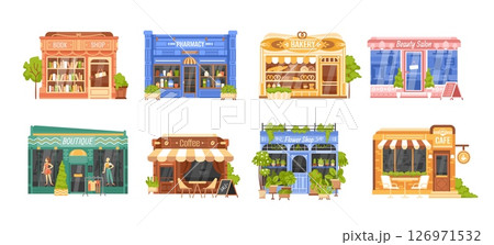 Cartoon store. Shops exteriors. Local shop building. Grocery, bakery cafe, boutique, florist bookshop, pharmacy, coffee beauty salon facade. Supermarket front vector collection 126971532