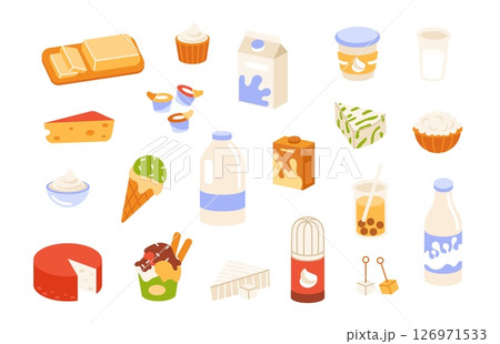 Dairy products. Fresh milk. Natural milk food. Kitchen organic milk bottles, cheese wedges, yogurt cups, cream, butter, ice cream scoops. Farm-fresh, natural ingredients vector set 126971533