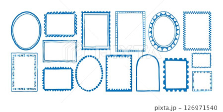 Doodle frame. Hand drawn border. Minimal freehand stroke wavy square, rectangle, circle, arch, oval shapes frames. Marine curved, striped borders. Vector set 126971540