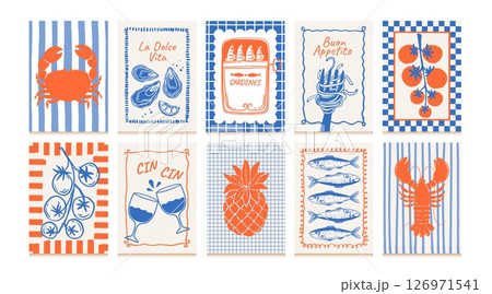 Food posters. Hand drawn kitchen frame banner. Food and drinks compositions with fruit, fish, wine, vegetables, sardines for cafe menu. La dolce vita decor. Vector set 126971541