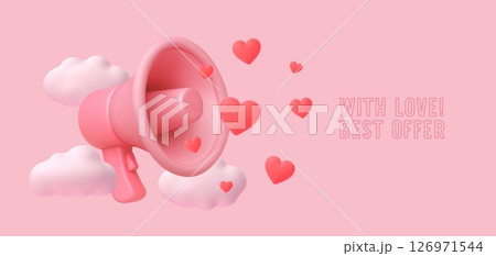 3D megaphone with cloud. Advertisement loudspeaker banner. Render realistic bullhorn with soft, fluffy clouds, hearts on pink background. Marketing concept. Vector banner 126971544