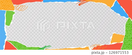 Torn paper collage banner. Colorful paper pieces background. Ripped paper edges with layered textures. Kraft scrap, handcrafted pattern. Vintage collage art frame. Vector concept 126971553