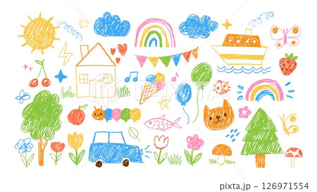 Kids doodle. Children simple colorful drawing. Hand drawn kid chalk scribble elements, pencil character, crayon sun, rainbow, trees, house, cloud, animals. Sketch vector set 126971554