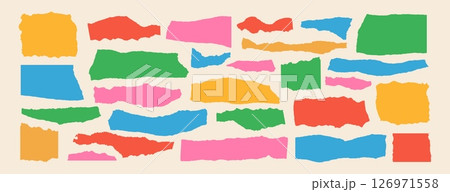 Torn paper banners. Colorful ripped paper frame. Collage craft shape and torned sheets. Ripped edge borders for scrapbook, design layouts. Vector textures silhouettes background 126971558