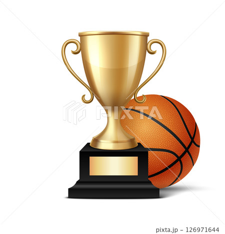 Realistic 3d Basketball Championship Trophy, Vector Illustration. Golden Winner Cup and Basketball Ball. Sports Award, Victory Symbol. Competition, League, Team Achievement, Sport Event Concept 126971644