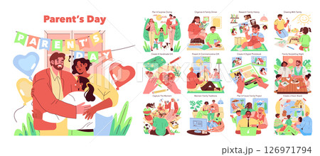 Illustrated guide for celebrating Parents Day with activities like family dinner, DIY gifts, storytelling, and outing. Emphasizes family bonding and shared joy in a vibrant style. 126971794
