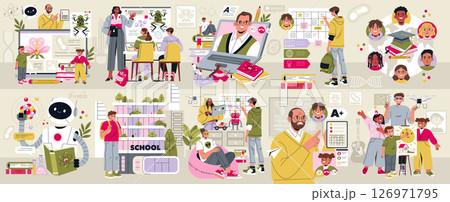 Vector illustration depicting various classroom activities involving technology, science, and creativity. Students and teachers engaged in interactive learning and diverse education settings. Vector illustration depicting various classroom activities involving technology, science, and creativity. Students and teachers engaged in interactive learning and diverse education settings. 126971795