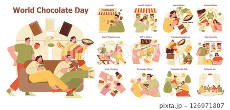 Vector illustration depicting World Chocolate Day activities. People enjoy tasting, gifting, and learning about chocolate in various fun and engaging scenarios, celebrating joy and togetherness. Vector illustration depicting World Chocolate Day activities. People enjoy tasting, gifting, and learning about chocolate in various fun and engaging scenarios, celebrating joy and togetherness. 126971807