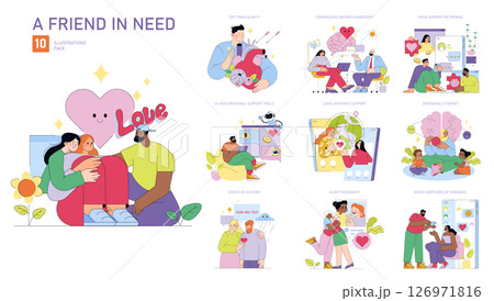 Vector illustration pack highlighting friendship, emotional support, and compassion. Features diverse characters engaging in empathy, kindness, and connection in various scenarios. Vector illustration pack highlighting friendship, emotional support, and compassion. Features diverse characters engaging in empathy, kindness, and connection in various scenarios. 126971816