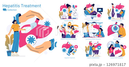 Vector illustration set depicting hepatitis treatment and awareness through various scenes like testing, diagnosis, consultation, and rehabilitation. Emphasizes health education and global solidarity. 126971817
