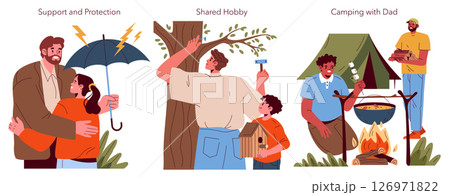 Fathers Day set depicting moments of bonding like support during a storm, shared hobbies, and camping experiences with dad. Fathers Day set depicting moments of bonding like support during a storm, shared hobbies, and camping experiences with dad. 126971822