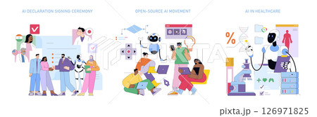 Vector illustration of an AI declaration signing ceremony, people collaborating in open-source AI development, and AI application in healthcare with a humanoid robot assisting. 126971825