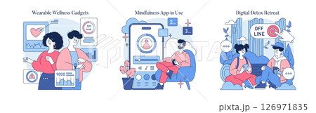 Vector illustration showing people using wearable wellness gadgets, engaging with a mindfulness app, and enjoying a digital detox retreat. Focus on technology and mental health. Vector illustration showing people using wearable wellness gadgets, engaging with a mindfulness app, and enjoying a digital detox retreat. Focus on technology and mental health. 126971835
