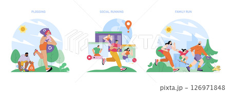 World Running Day set. Plogging, social running, and family run unite people of all ages outdoors, caring for the environment, exercising together, and connecting globally. Vector illustration. 126971848