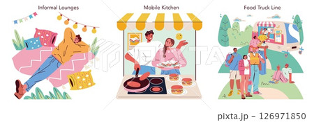 Vector illustration showing people enjoying informal lounges, cooking at mobile kitchens, and lining up at a food truck. The scene captures relaxation and social interactions. Vector illustration showing people enjoying informal lounges, cooking at mobile kitchens, and lining up at a food truck. The scene captures relaxation and social interactions. 126971850
