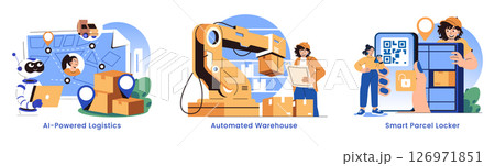 Future Of Delivery set. AI logistics, automated warehouses, and smart parcel locker solutions transform parcel distribution and streamline last-mile delivery with advanced technology. Vector Future Of Delivery set. AI logistics, automated warehouses, and smart parcel locker solutions transform parcel distribution and streamline last-mile delivery with advanced technology. Vector 126971851