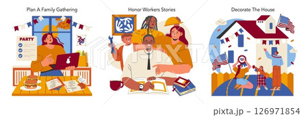 Labor Day celebration set. Planning family gatherings, honoring worker stories, and decorating the house in patriotic themes. Illustrates diverse Labor Day activities. Vector illustration. Labor Day celebration set. Planning family gatherings, honoring worker stories, and decorating the house in patriotic themes. Illustrates diverse Labor Day activities. Vector illustration. 126971854
