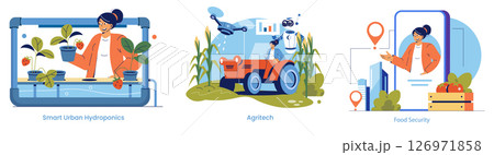 Vector illustration depicting smart urban hydroponics, advanced agritech with drones and robotics, and food security depicted by a cheerful person interacting with technology-driven agriculture. 126971858