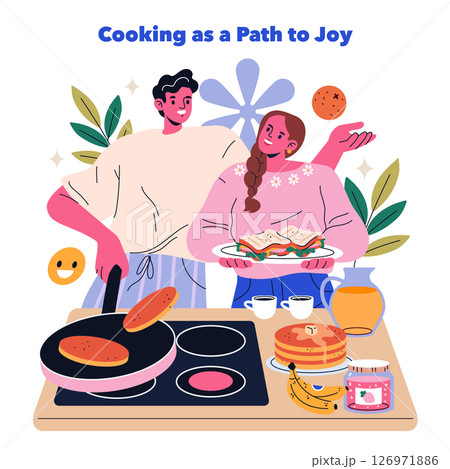 Cooking fosters connection and joy, illustrated by a couple enjoying their time in the kitchen. With playful food items and smiles, this scene captures the essence of shared culinary experiences and Cooking fosters connection and joy, illustrated by a couple enjoying their time in the kitchen. With playful food items and smiles, this scene captures the essence of shared culinary experiences and 126971886