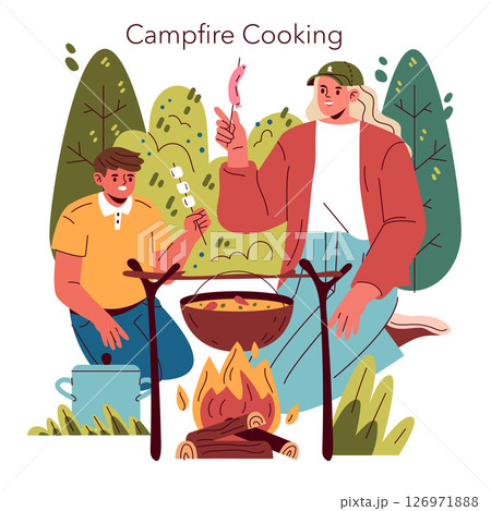 Experience the delightful joy of campfire cooking alongside your friends, all while being surrounded by natures beauty Experience the delightful joy of campfire cooking alongside your friends, all while being surrounded by natures beauty 126971888