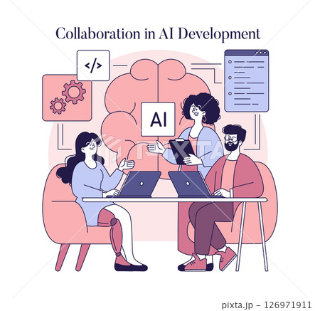 Women collaborating in AI development engage in discussions about innovative technology and programming. They share ideas using laptops, showcasing teamwork and creativity in a modern workspace. 126971911