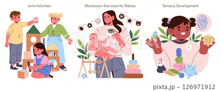 Vector illustration depicting activities enhancing children's development. Includes group play with blocks, sensory activities, and a mother engaging a baby in Montessori exercises. Vector illustration depicting activities enhancing children's development. Includes group play with blocks, sensory activities, and a mother engaging a baby in Montessori exercises. 126971912