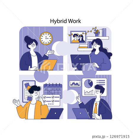 Hybrid Work illustration demonstrates a modern workspace featuring diverse individuals engaging in various remote and in-office tasks. It highlights flexibility, technology, and collaboration in today 126971915