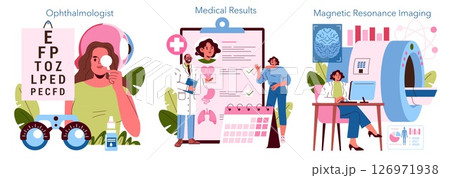 Vector illustration showing an ophthalmologist conducting an eye exam, a doctor explaining medical results on a clipboard, and a magnetic resonance imaging process. Various diagnostic methods depicted Vector illustration showing an ophthalmologist conducting an eye exam, a doctor explaining medical results on a clipboard, and a magnetic resonance imaging process. Various diagnostic methods depicted 126971938