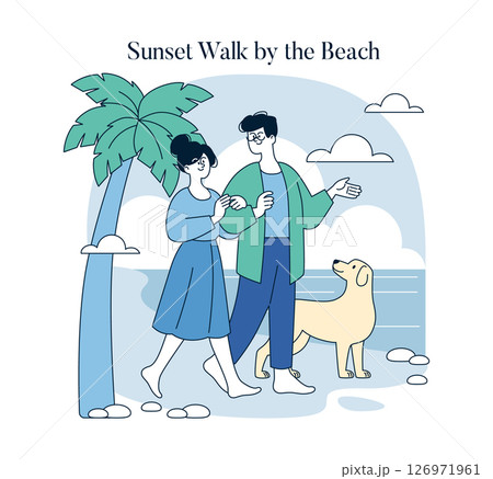 Couple enjoying a sunset walk along the beach with their dog. The scene captures a serene moment, symbolizing connection, nature, and relaxation. Ideal for themes of love and tranquility. Vector 126971961