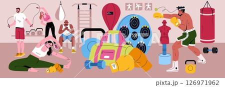 A vibrant and detailed illustration showcasing a variety of fitness activities and gym equipment in a lively setting A vibrant and detailed illustration showcasing a variety of fitness activities and gym equipment in a lively setting 126971962